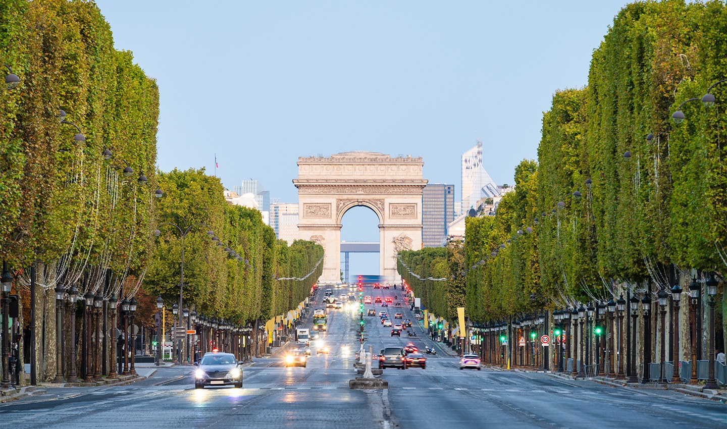 A picture looking down the Champs Elysees towards the Arc de Triomphe