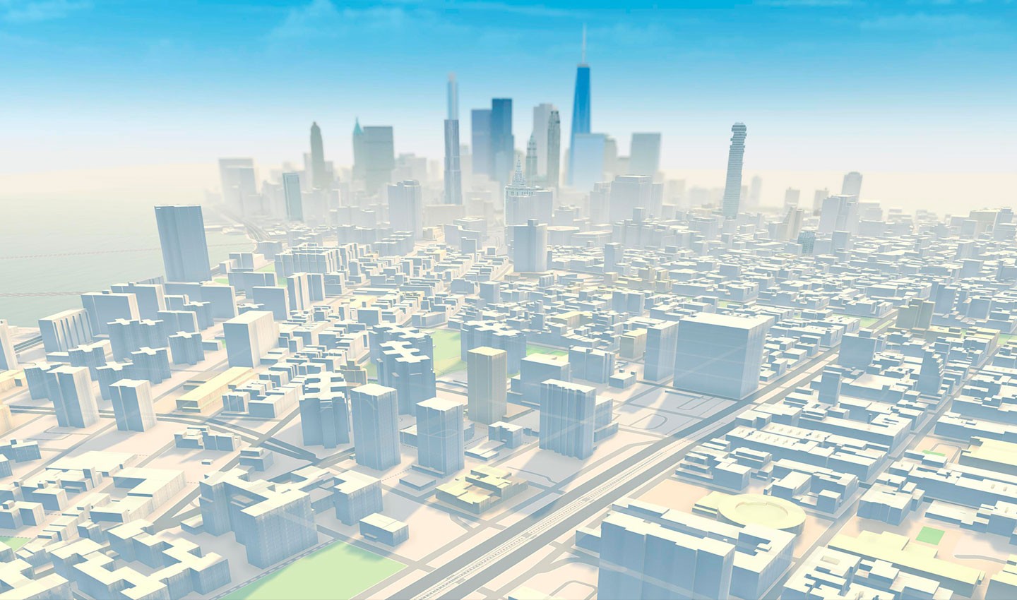 City landscape on TomTom Orbis Maps with fog rolling in