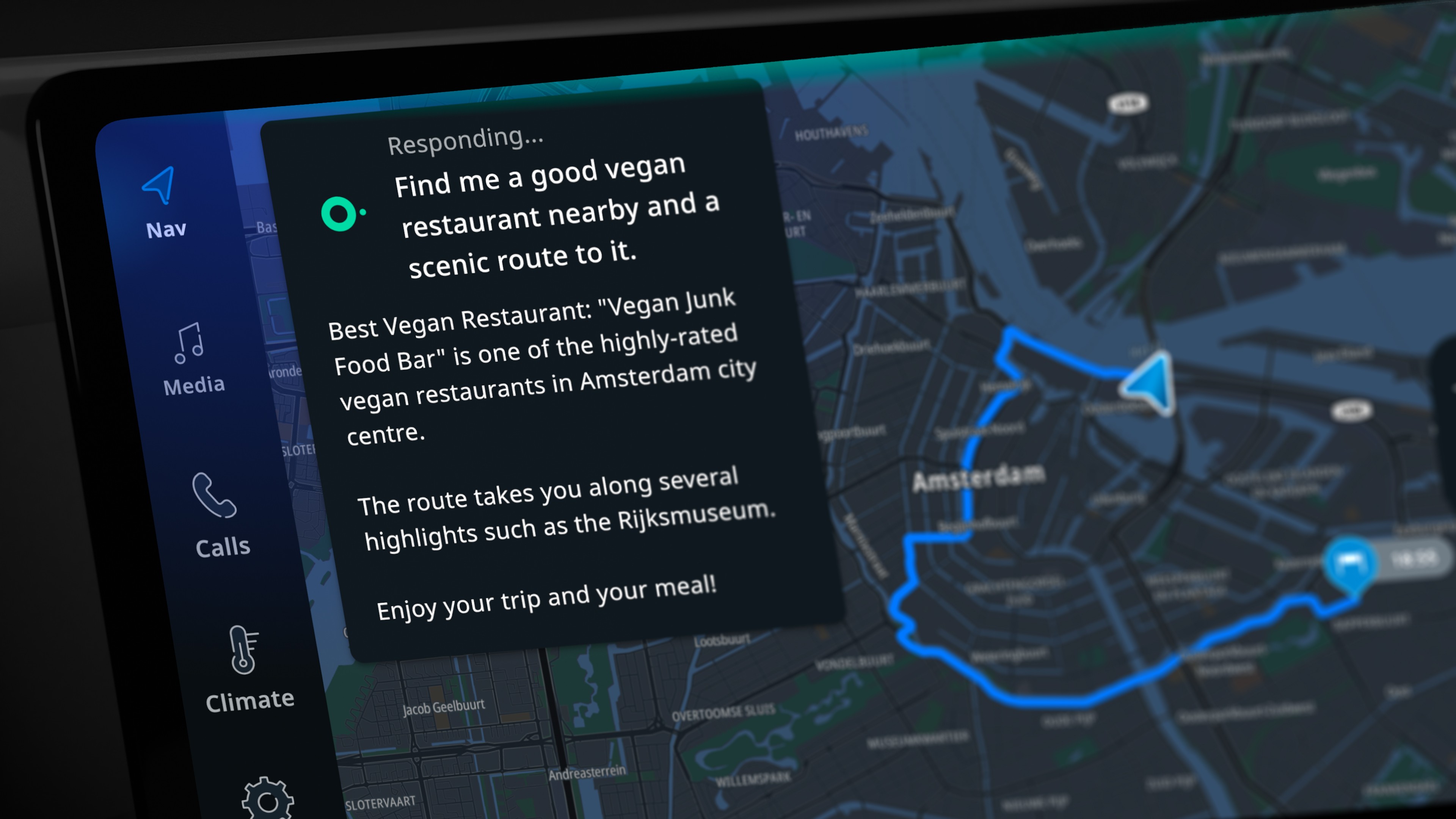 A picture of an in-vehicle screen with TomTom's AI assistant providing advice and directions to a vegan restaurant.
